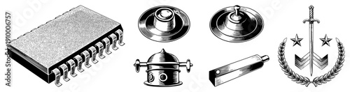 Classic military insignia with sword and stars, vintage tech components like microchip and bell, engraved halftone style, isolated vector for design.
