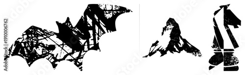Graphic vector featuring bat wings, mountain peak, and knight silhouette, rendered in bold black with fragmented textures, ideal for dark or gothic design.
