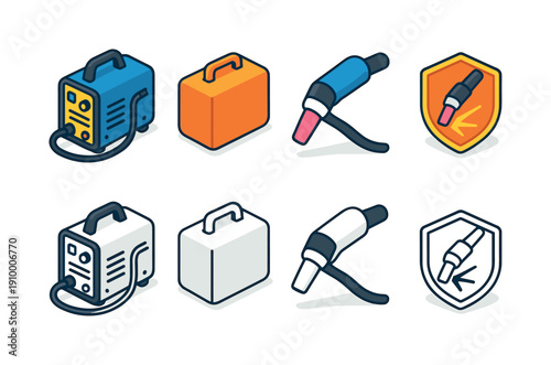 Welding equipment icon set, flat style. Tools, protection, industry icons collection