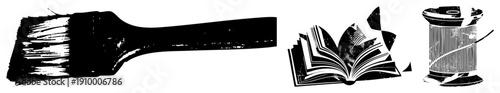 Creative tools including paintbrush, open book, and thread spool rendered in bold black and white vector style, ideal for design, illustration, or print projects.