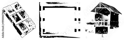 Stylized black and white vector illustration of film frame, chocolate bar, and wooden hut, halftone texture, graphic design elements, isolated foreground.