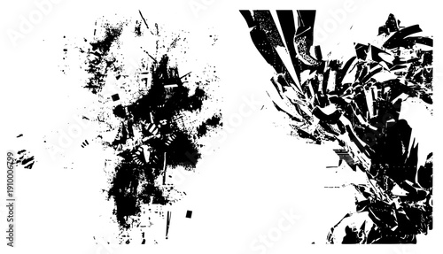 Bold shattered forms, splattered ink textures, geometric, graphic design element, digital art piece, vector abstract.