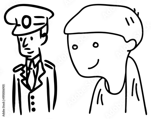 Minimalist hand drawn characters, one in uniform, one in casual wear, sketch, expressive faces, vector illustration, isolated figures.