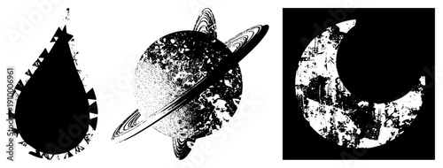 Saturn with rings, teardrop shape, moon all rendered in gritty halftone, vector art, isolated celestial motifs.