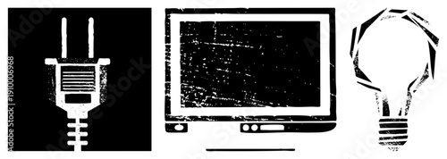 Retro styled electrical plug, computer monitor, and light bulb symbols, vector, distressed texture, tech equipment, graphic design elements.