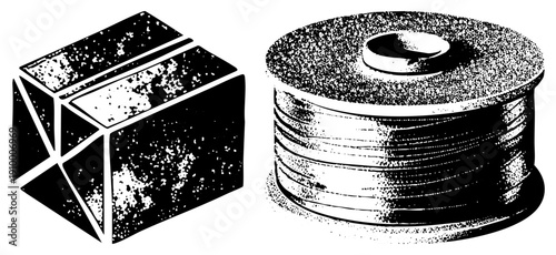 Abstract black and white vector illustration of cube and spool, halftone texture, graphic design element, isolated shapes, art.