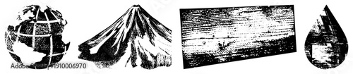 Black and white halftone vector globe with grid, erupting volcano, wood grain panel, water droplet. Isolated graphic elements for design use.