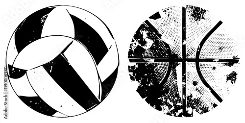 Graphic illustration of volleyball and basketball with high contrast, sport equipment, athletic gear, stylized ball designs, vector art.