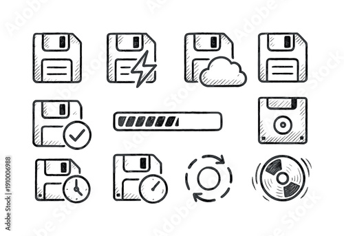 Data storage outline icon set. Disk, cloud, and backup minimalist collection