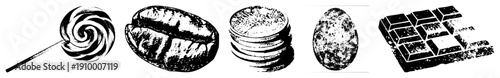 Vintage style black and white illustrations of confectionery items, including swirl lollipop, roasted coffee bean, stacked cookies, speckled egg, and segmented chocolate bar.