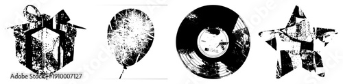 Distressed black and white gift box with bow, speckled balloon, scratched vinyl, fragmented star all in halftone grit. Ideal for retro, punk, or urban design.