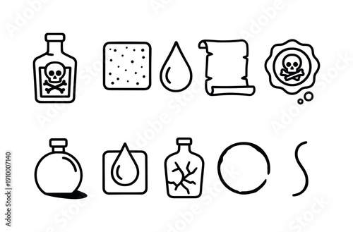 Alchemy, poison linear icon set. Magical, potion symbols in line art collection