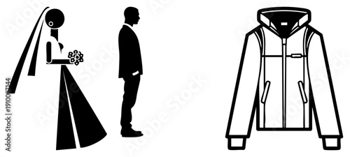 Wedding couple in profile silhouette, bride holding bouquet, groom in suit, isolated jacket, minimalist vector design, fashion and event.