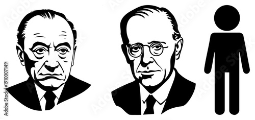 Graphic illustrations of two distinguished men in suits, expressive facial features, paired with minimalist male gender, vector art.
