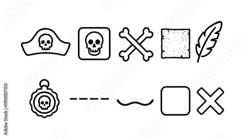 Pirate, nautical linear icon set. Skull, crossbones, treasure icons line collection