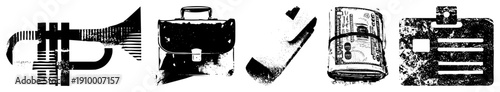 Retro business symbols including horn, leather briefcase, fountain pen, rolled cash, ID badge, distressed texture, vector.
