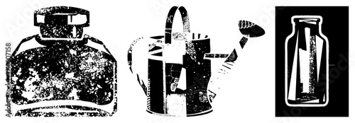 Three classic containers rendered in gritty halftone style inkwell for writing, watering can for gardening, glass bottle for storage. vector with textured grain.
