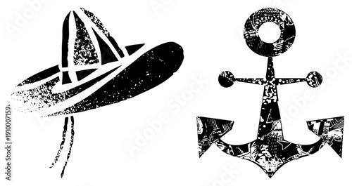 Nautical hat and anchor with gritty texture, maritime symbols, sailor gear, vintage design, black and white vector art.