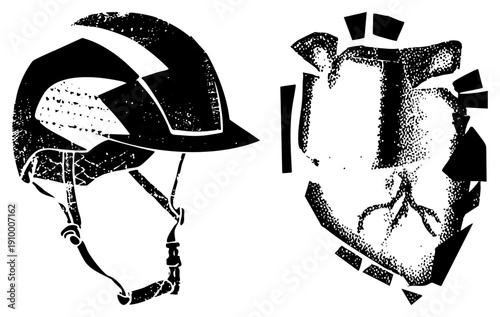 Black and white vector of riding helmet and fractured skull, halftone texture, graphic design elements, isolated symbols, glyph style, safety and danger motifs.