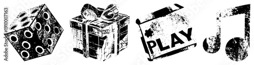 Vintage distressed symbols die, present, play sign, notes, gaming, celebration,, music, entertainment, retro graphic.