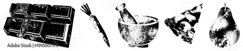 Black and white halftone vector illustrations of food items chocolate bar, carrot, mortar pestle, fruit basket, pear. Isolated, stylized, graphic design elements.