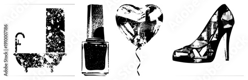 Black and white halftone illustrations of bathroom tub, cosmetic bottle, romantic balloon, fashion footwear graphic design elements, isolated objects, stylized silhouettes, art.