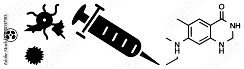 Black vector showing syringe, virus, bacteria, and drug molecule, medical illustration, healthcare symbols, design.