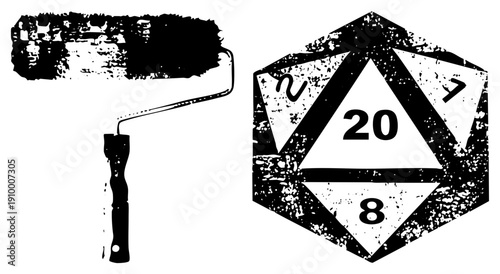 Paint roller with textured brush and D20 die showing numbers 20, 8, and 2, grungy black and white vector, gaming and painting tools, isolated elements for creative use.