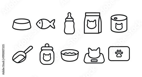 Pet care line icon set. Cat, food, grooming, veterinary, outline icon collection