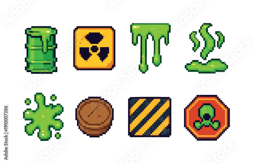Toxic waste pixel icon set. Environment, hazard symbol collection in pixel style