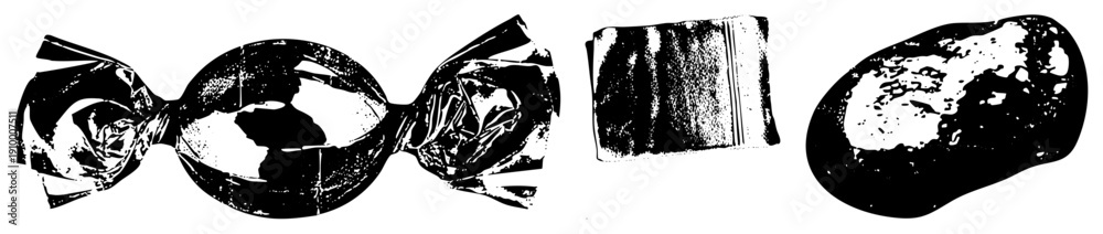 Obraz premium Black and white vector illustration of crumpled foil candy, striped fabric, and speckled stone minimalist, high contrast, graphic design elements.