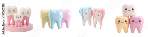Colorful tooth figurines with happy faces for dental care
