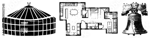 Yurt dwelling with lattice walls, floor plan blueprint, Liberty Bell, flat vector illustrations, cultural symbols, architectural sketches.