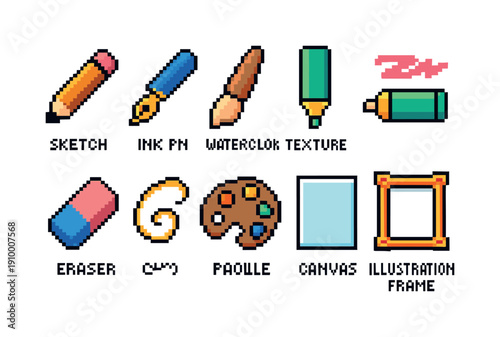 Pixel art icon set. Drawing and painting tools in retro pixel style