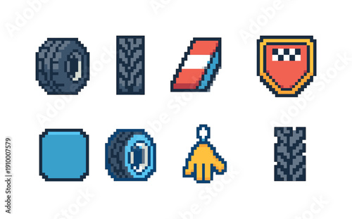 Racing and motorsports icon set. Pixel art tire and track outline icons collection