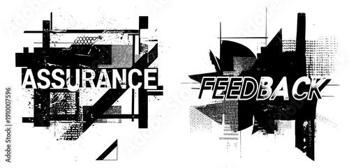 Graphic design logos with words assurance and feedback, abstract shapes, halftone textures, urban stencil style, black and white vector art.