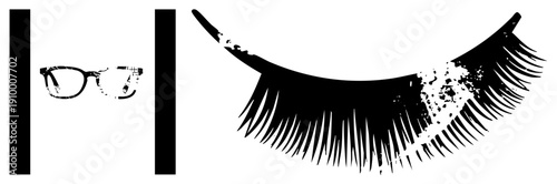 Fashionable eyewear with distressed texture paired with voluminous false lashes, graphic design elements, beauty accessories, minimalist aesthetic, illustration.