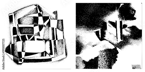 Fragmented 3D cube forms in black and white halftone, graphic art, vector abstraction, geometric shapes, stippled shading, modern art composition.