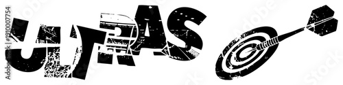 Distressed typography spelling "ULTRAS" with embedded stadium, paired with a dart hitting bullseye, gritty urban style, fan group emblem, sports fanatic.