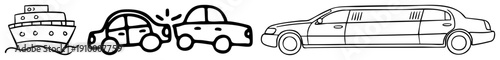 Vector of a cargo ship, two crashing, and a stretch limo, all isolated art, transportation symbols, minimalist design.
