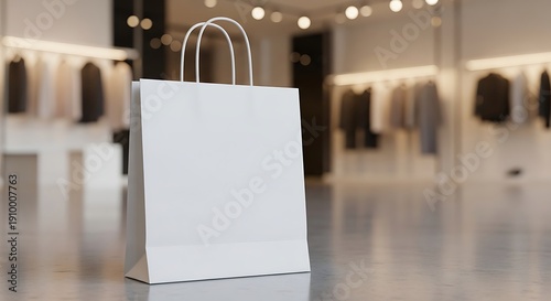 A white shopping bag standing in a clothing store with blurred background.