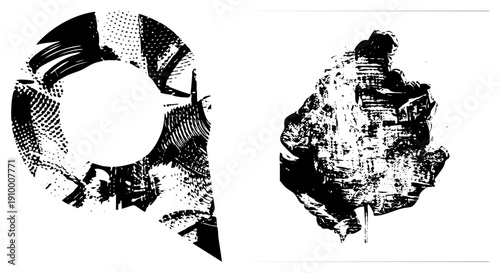 Stylized halftone forming circular and organic shapes, graphic design elements, vector art, textures, artistic composition.