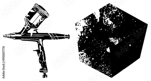 Spray paint gun with nozzle and cup, isolated vector graphic, textured cube with splatter effect, stencil art style, industrial design element.