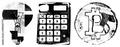 Retro style calculator, incandescent bulb, Bitcoin coin, halftone texture, financial and tech symbols, vector art.
