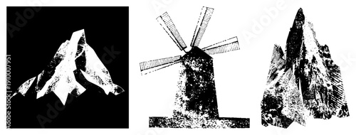 Black and white halftone mountain silhouettes and windmill graphic, vector illustration, isolated design elements, rustic landscape, textured art.