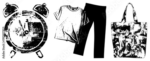 Retro alarm clock with distressed texture, casual t shirt and pants combo, abstract tote bag, vector fashion set.