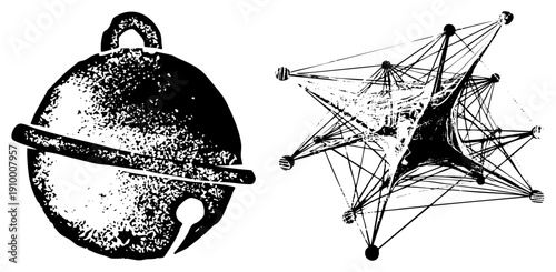 Hand drawn bell with textured surface, abstract star shaped network diagram, vector art, isolated symbols, black and white graphic design.