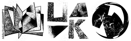 Graphic design featuring stylized letters and shapes with halftone dot, vector art,, modern logo elements, abstract composition.