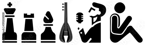 Black silhouette of chess pieces, stringed instrument, singer with mic, and seated figure, minimalist vector art, symbolic representation, cultural, stylized graphic design.