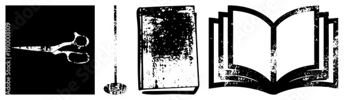 Grunge styled vector of scissors, candlestick, closed book, and open book, with distressed texture, isolated design elements for graphic use.